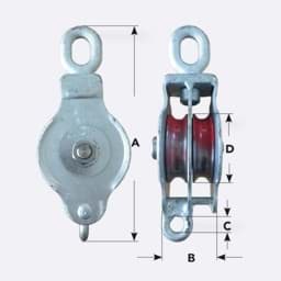 Flaschenzug mit Abmessungen Zwei Ansichten eines Flaschenzugs mit markierten Abmessungen A, B, C und D
