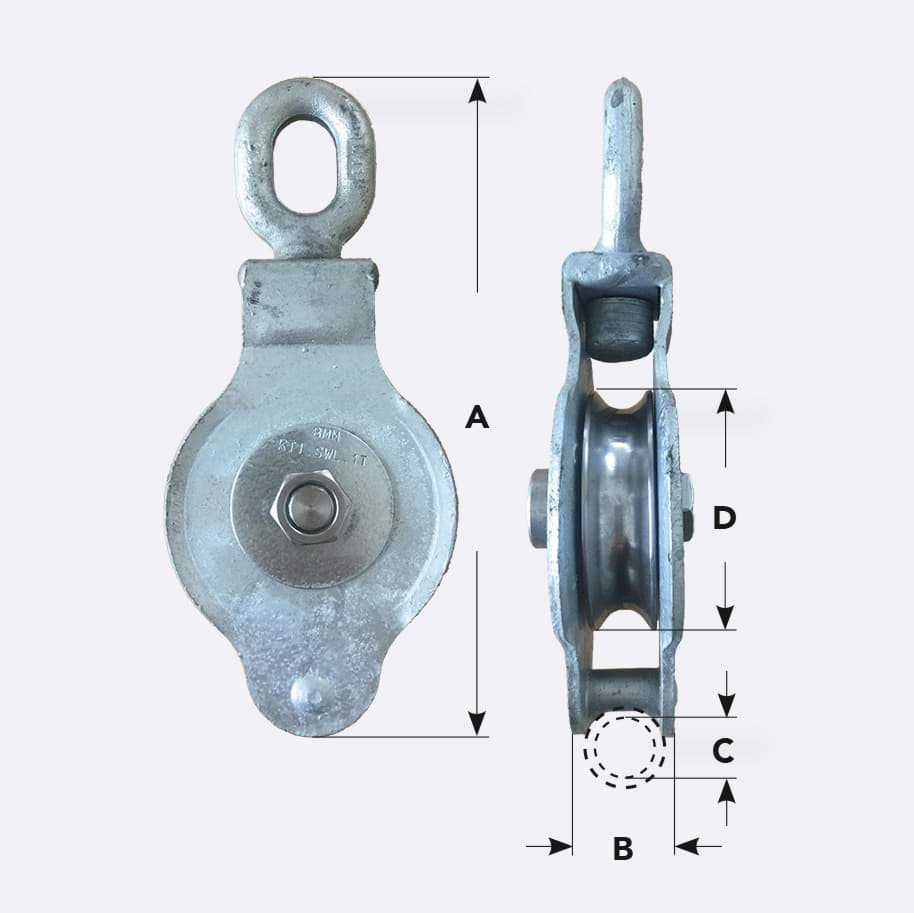 Ansicht eines Metallflaschenzugs mit Maßangaben A, B, C und D. Der Flaschenzug hat eine Öse oben und eine Riemenscheibe in der Mitte.