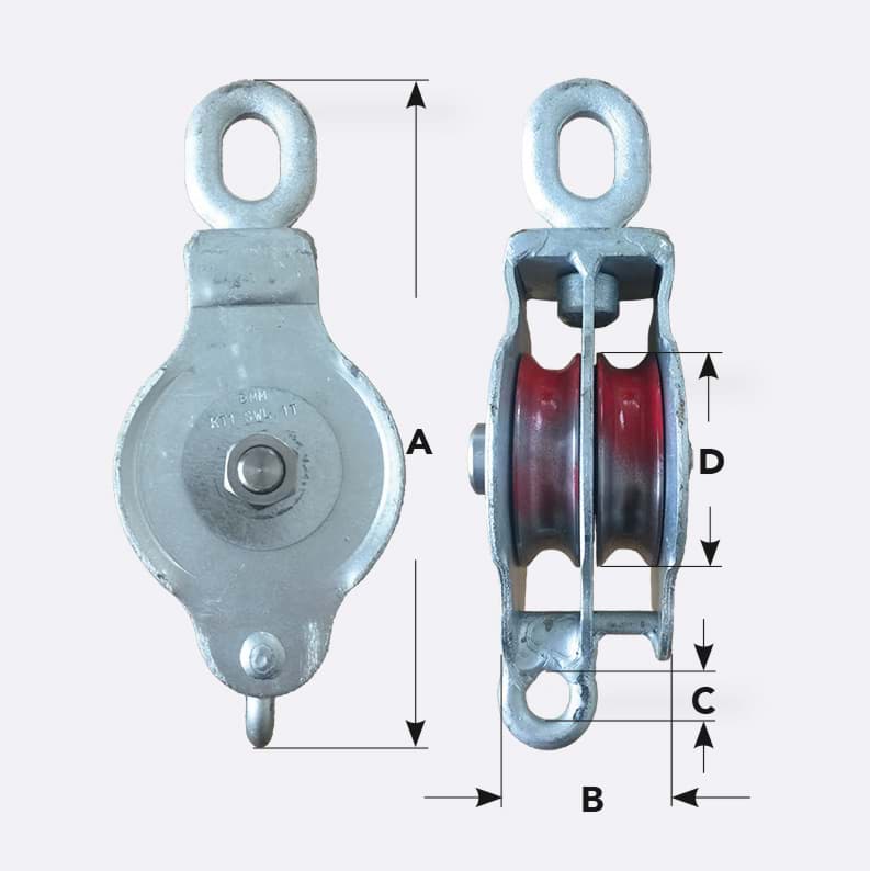 Zwei Ansichten eines Flaschenzugs mit markierten Abmessungen A, B, C und D
