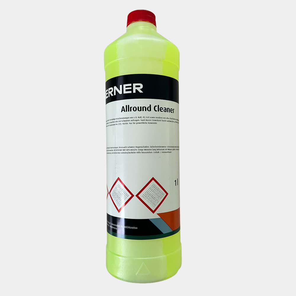 Eine Flasche Werner Allround Cleaner mit rotem Deckel und Etikett