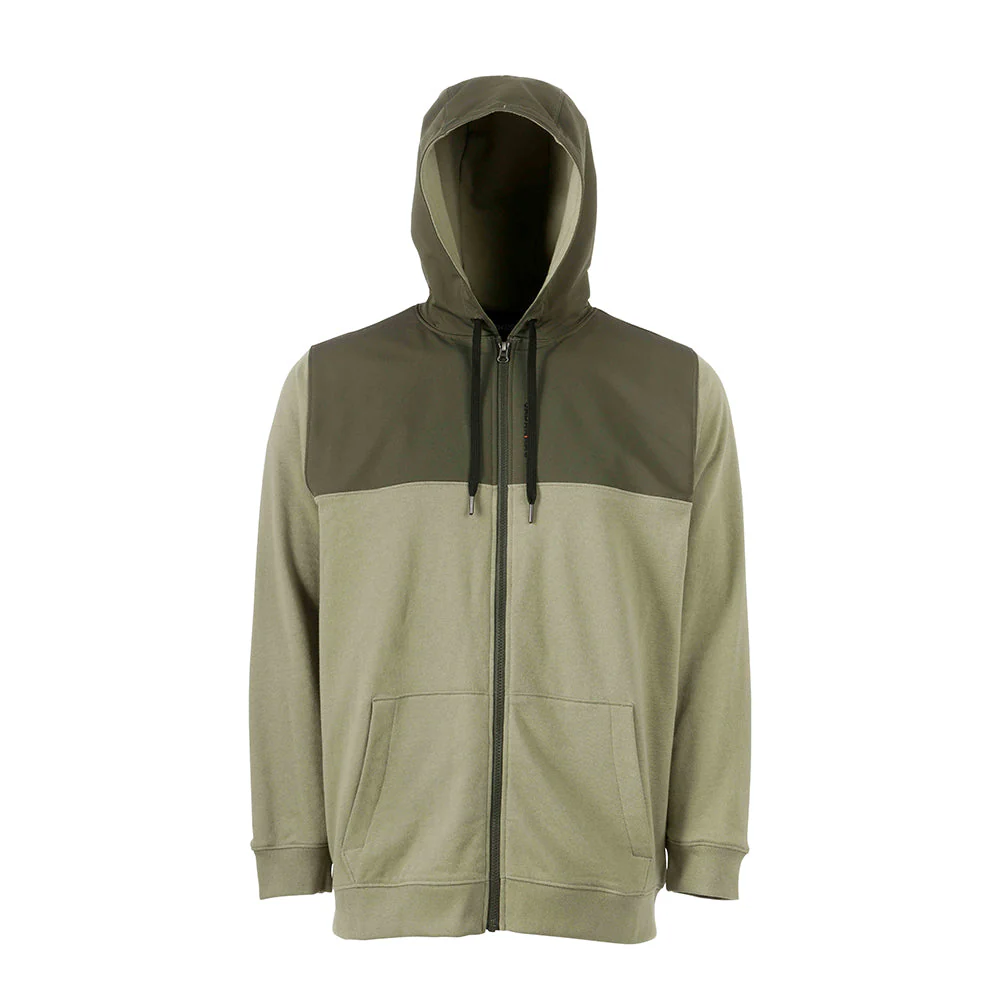 Zweifarbige Kapuzenjacke in Olivgrün und Beige mit Reißverschluss und Kängurutaschen vor hellem Hintergrund